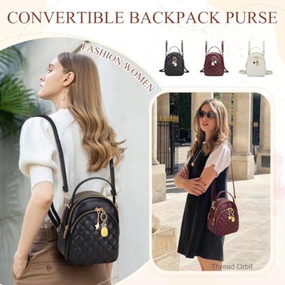 Mini Leather Quilt Backpack Purse Convertible Daypack for Women main image 5